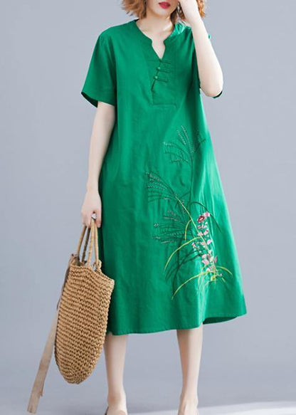 Handmade Green Embroidery Linen Robes Chinese Button Cotton Summer Dresses