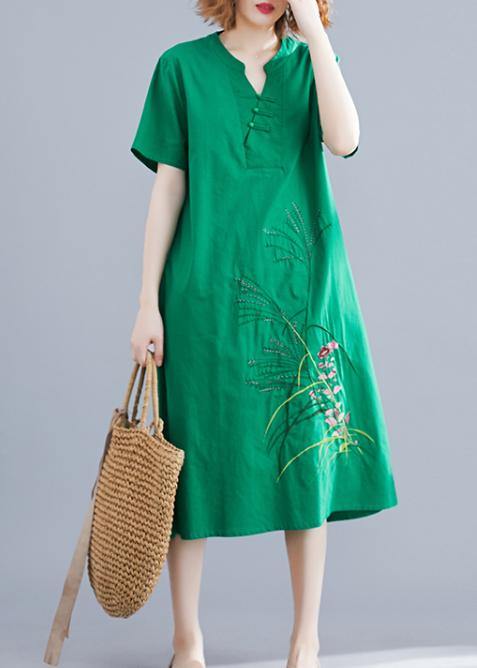 Handmade Green Embroidery Linen Robes Chinese Button Cotton Summer Dresses