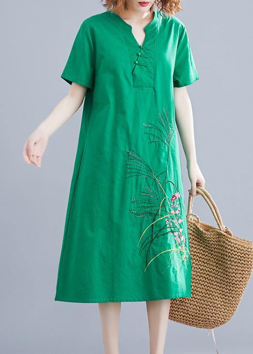 Handmade Green Embroidery Linen Robes Chinese Button Cotton Summer Dresses