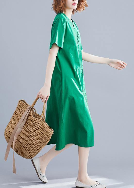 Handmade Green Embroidery Linen Robes Chinese Button Cotton Summer Dresses