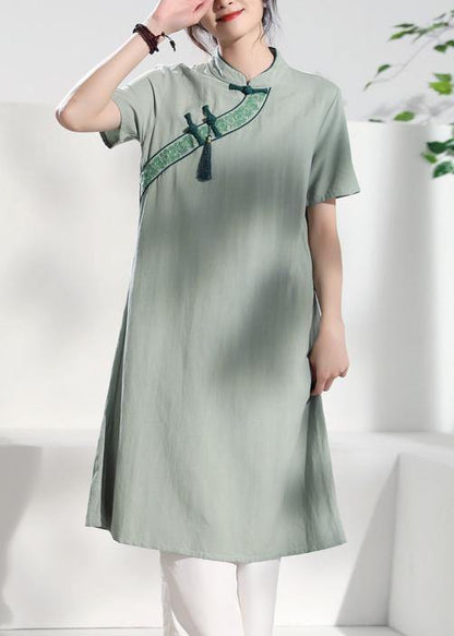 Handmade Green Embroidery Linen Dresses Stand Collar Loose Summer Dress
