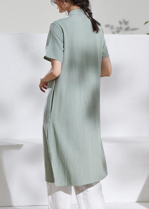 Handmade Green Embroidery Linen Dresses Stand Collar Loose Summer Dress