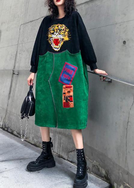 Handmade Green Embroidery Outfit O Neck Patchwork Art Dresses
