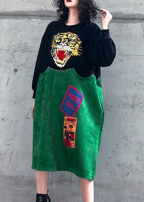 Handmade Green Embroidery Outfit O Neck Patchwork Art Dresses