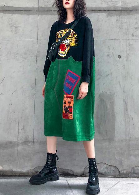 Handmade Green Embroidery Outfit O Neck Patchwork Art Dresses