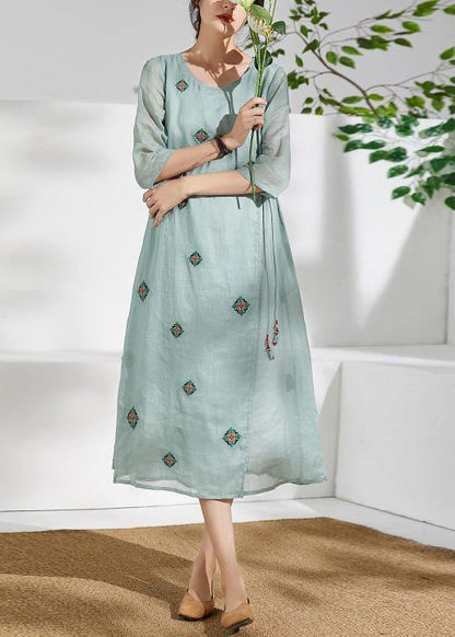 Handmade Green Linen Clothes for O Neck Embroidery Long Dresses