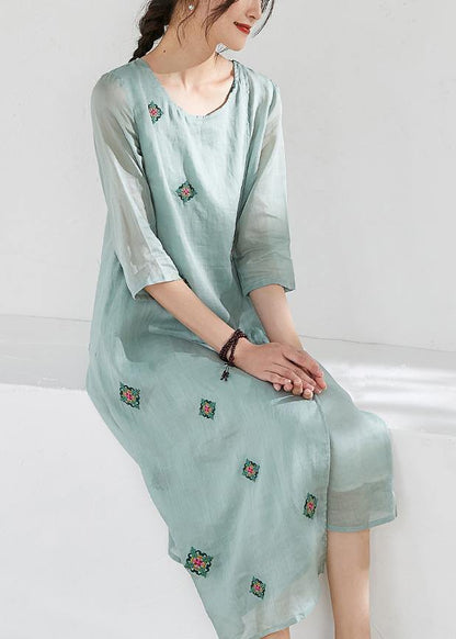 Handmade Green Linen Clothes for O Neck Embroidery Long Dresses