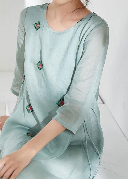 Handmade Green Linen Clothes for O Neck Embroidery Long Dresses