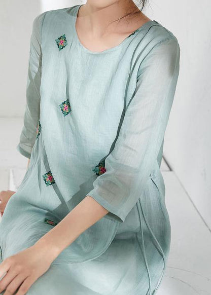 Handmade Green Linen Clothes for O Neck Embroidery Long Dresses