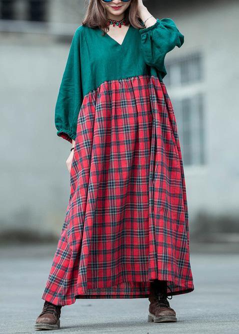 Handmade Green Patchwork Plaid Cotton Quilting Dresses V Neck Lantern Sleeve Cotton Robes Summer Dress