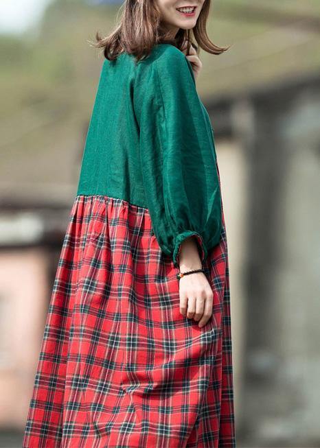 Handmade Green Patchwork Plaid Cotton Quilting Dresses V Neck Lantern Sleeve Cotton Robes Summer Dress