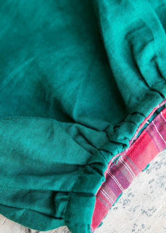 Handmade Green Patchwork Plaid Cotton Quilting Dresses V Neck Lantern Sleeve Cotton Robes Summer Dress