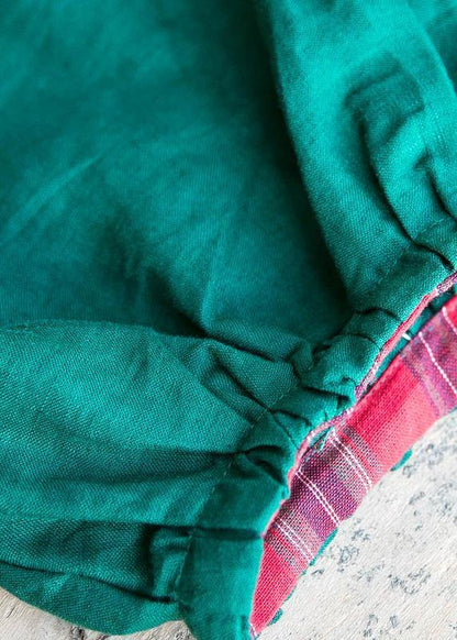 Handmade Green Patchwork Plaid Cotton Quilting Dresses V Neck Lantern Sleeve Cotton Robes Summer Dress