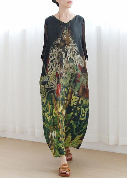 Handmade Green Print Robes V Neck Tie Waist Maxi Summer Dress