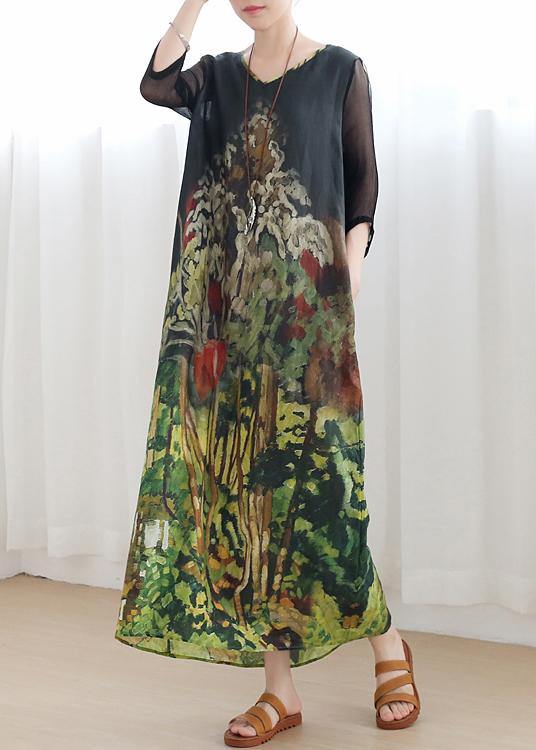 Handmade Green Print Robes V Neck Tie Waist Maxi Summer Dress