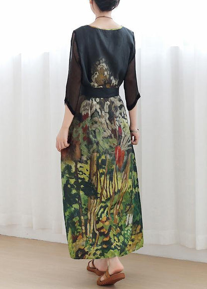 Handmade Green Print Robes V Neck Tie Waist Maxi Summer Dress