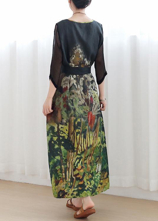 Handmade Green Print Robes V Neck Tie Waist Maxi Summer Dress