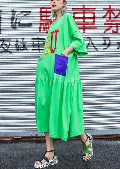 Handmade Green Print Cotton Wardrobes O Neck Pockets Long Summer Dress