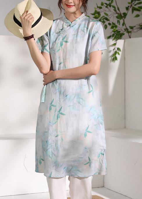 Handmade Green Print Linen Clothes Stand Collar Tassel Oversized Summer Dresses