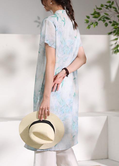 Handmade Green Print Linen Clothes Stand Collar Tassel Oversized Summer Dresses