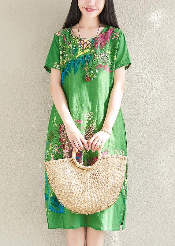 Handmade Green Prints Linen Cotton Quilting Clothes O Neck Tunic Summer Dresses