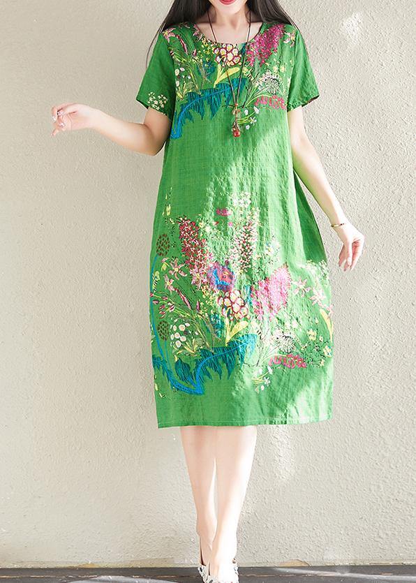 Handmade Green Prints Linen Cotton Quilting Clothes O Neck Tunic Summer Dresses