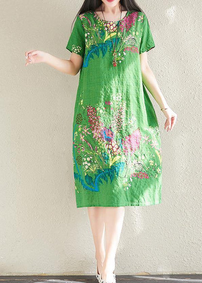 Handmade Green Prints Linen Cotton Quilting Clothes O Neck Tunic Summer Dresses