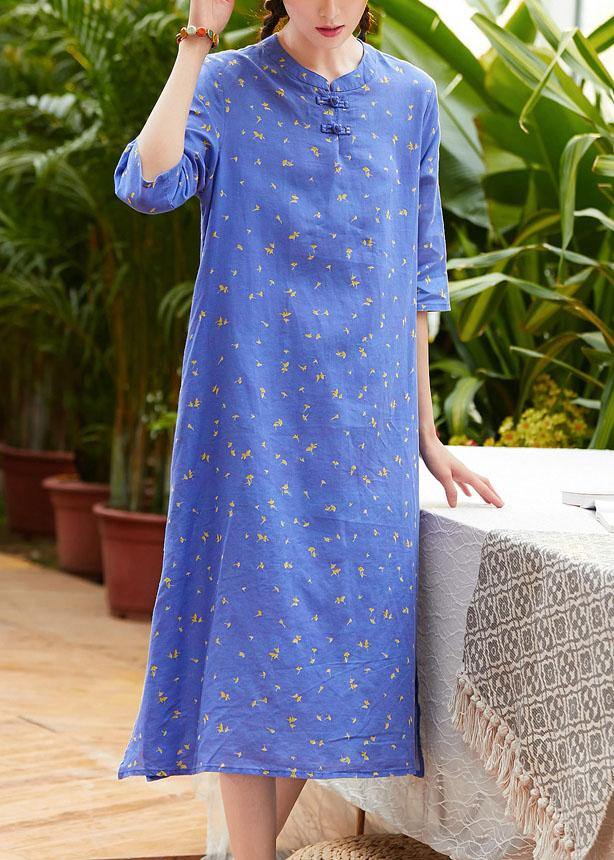 Handmade Half Sleeve O Neck Linen Wardrobes Outfits Blue Print Dress Summer