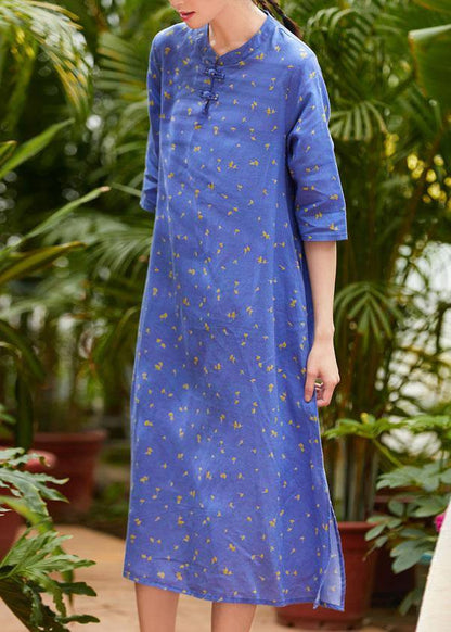Handmade Half Sleeve O Neck Linen Wardrobes Outfits Blue Print Dress Summer