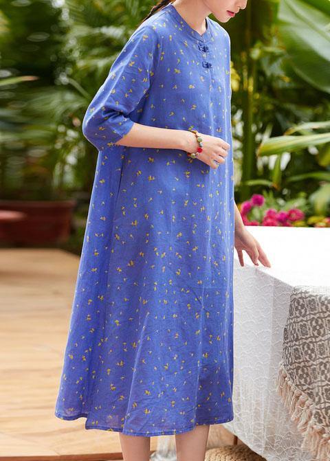 Handmade Half Sleeve O Neck Linen Wardrobes Outfits Blue Print Dress Summer