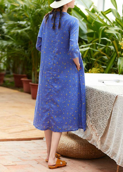 Handmade Half Sleeve O Neck Linen Wardrobes Outfits Blue Print Dress Summer