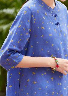 Handmade Half Sleeve O Neck Linen Wardrobes Outfits Blue Print Dress Summer
