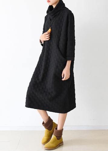 Handmade High Neck Fall Dress Pattern Black Dotted Loose Dress