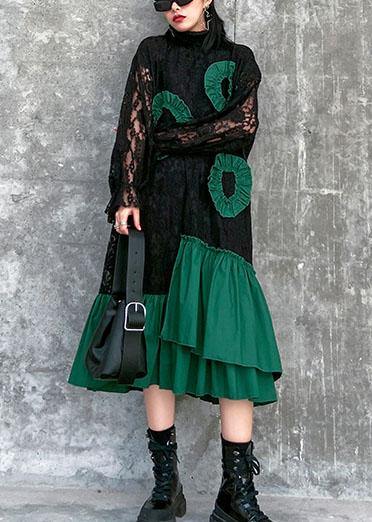 Handmade High Neck Patchwork Cotton Quilting Clothes Wardrobes Black a Line Dresses