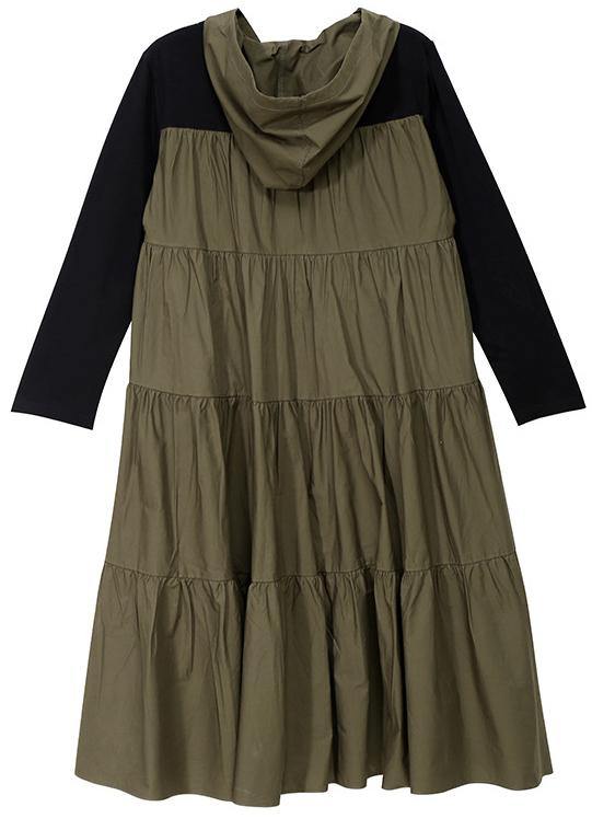 Handmade Hooded Cotton Prints Tunic Dress Fall Work Green Patchwork Art Dress