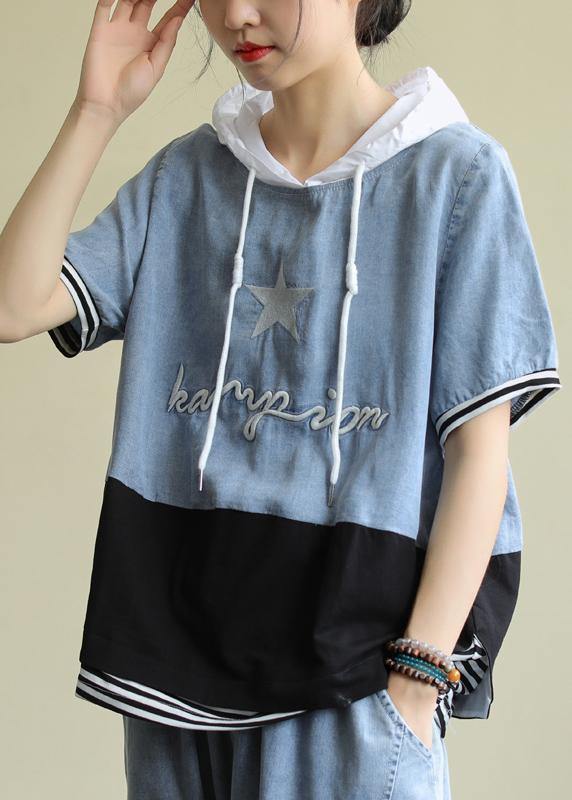 Handmade Hooded Patchwork Cotton Blouses for Shape Black Tops