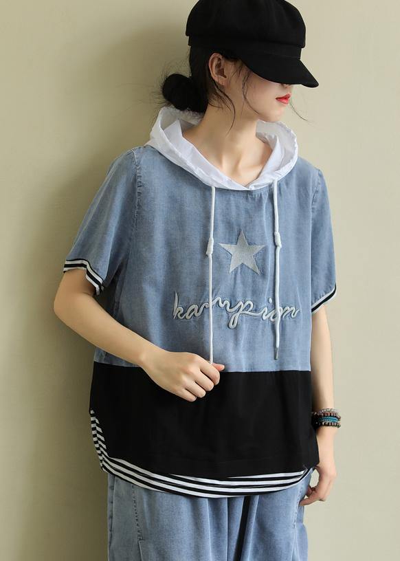 Handmade Hooded Patchwork Cotton Blouses for Shape Black Tops