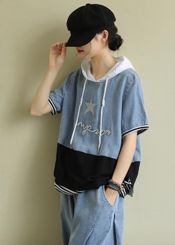 Handmade Hooded Patchwork Cotton Blouses for Shape Black Tops