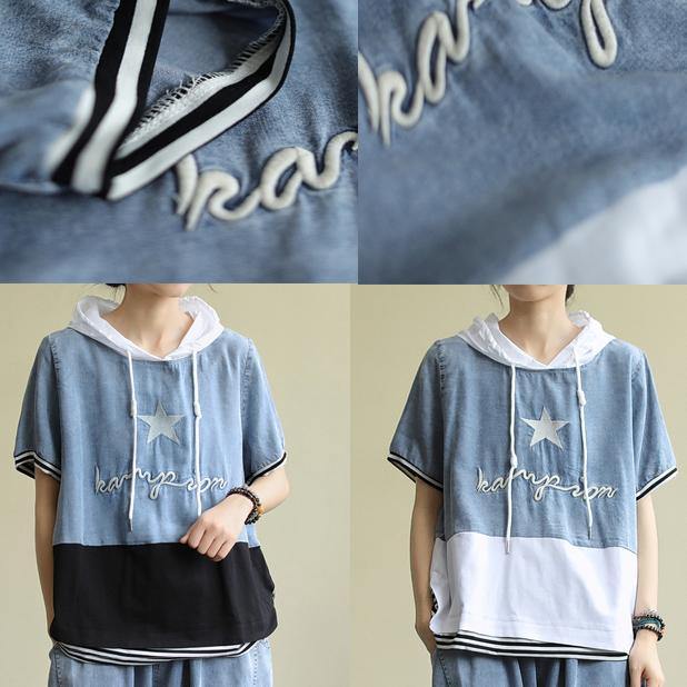 Handmade Hooded Patchwork Cotton Blouses for Shape Black Tops