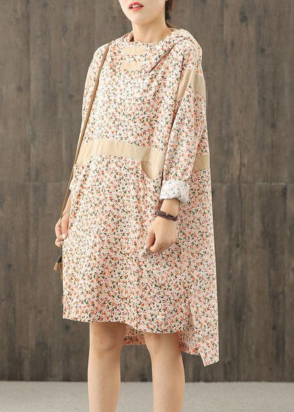 Handmade Hooded Patchwork Dress Sleeve Nude Print Dresses