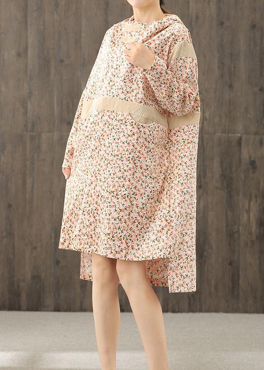 Handmade Hooded Patchwork Dress Sleeve Nude Print Dresses