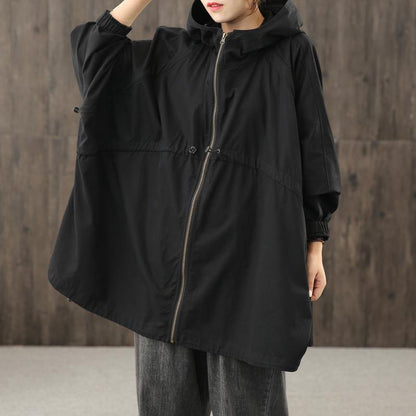 Handmade Hooded Zippered Tops Blouses Work Black Shirt