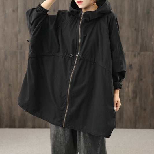Handmade Hooded Zippered Tops Blouses Work Black Shirt