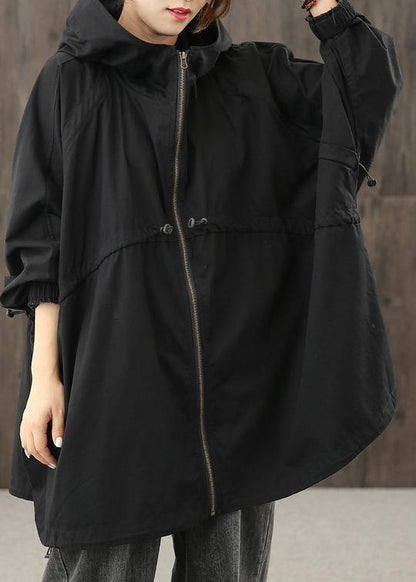 Handmade Hooded Zippered Tops Blouses Work Black Shirt