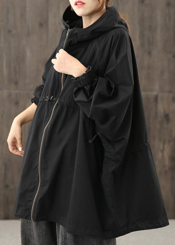 Handmade Hooded Zippered Tops Blouses Work Black Shirt