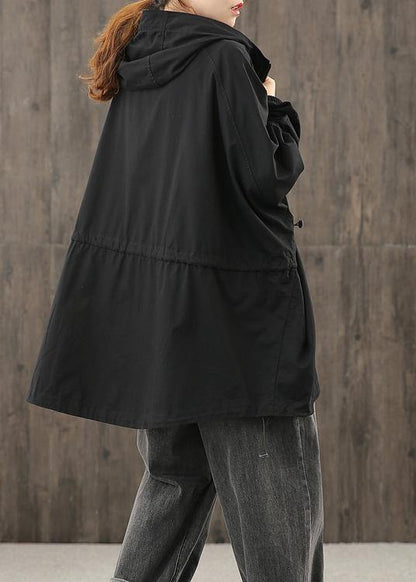 Handmade Hooded Zippered Tops Blouses Work Black Shirt