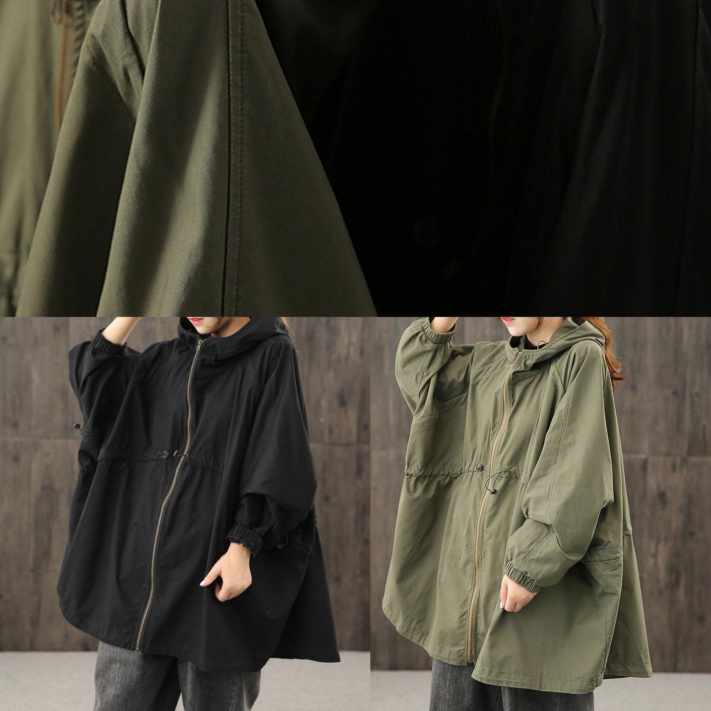Handmade Hooded Zippered Tops Blouses Work Black Shirt