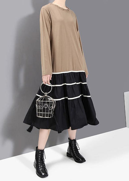 Handmade Khaki Cotton Clothes for Patchwork Loose Ruffles Dresses