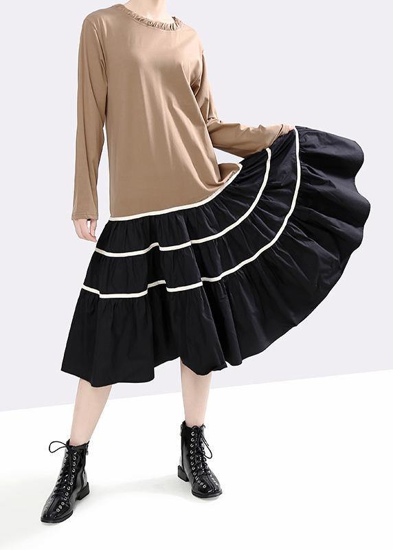 Handmade Khaki Cotton Clothes for Patchwork Loose Ruffles Dresses