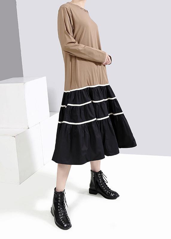 Handmade Khaki Cotton Clothes for Patchwork Loose Ruffles Dresses